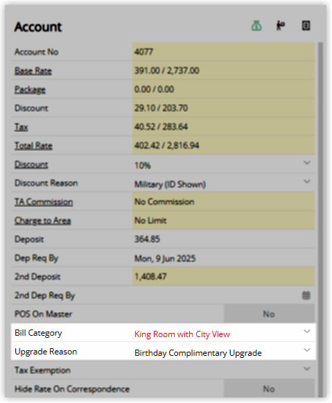 Screenshot of the Reservation Account panel in RMS showing the Bill Category set to King Room with City View and the Upgrade Reason set to Birthday Complimentary Upgrade