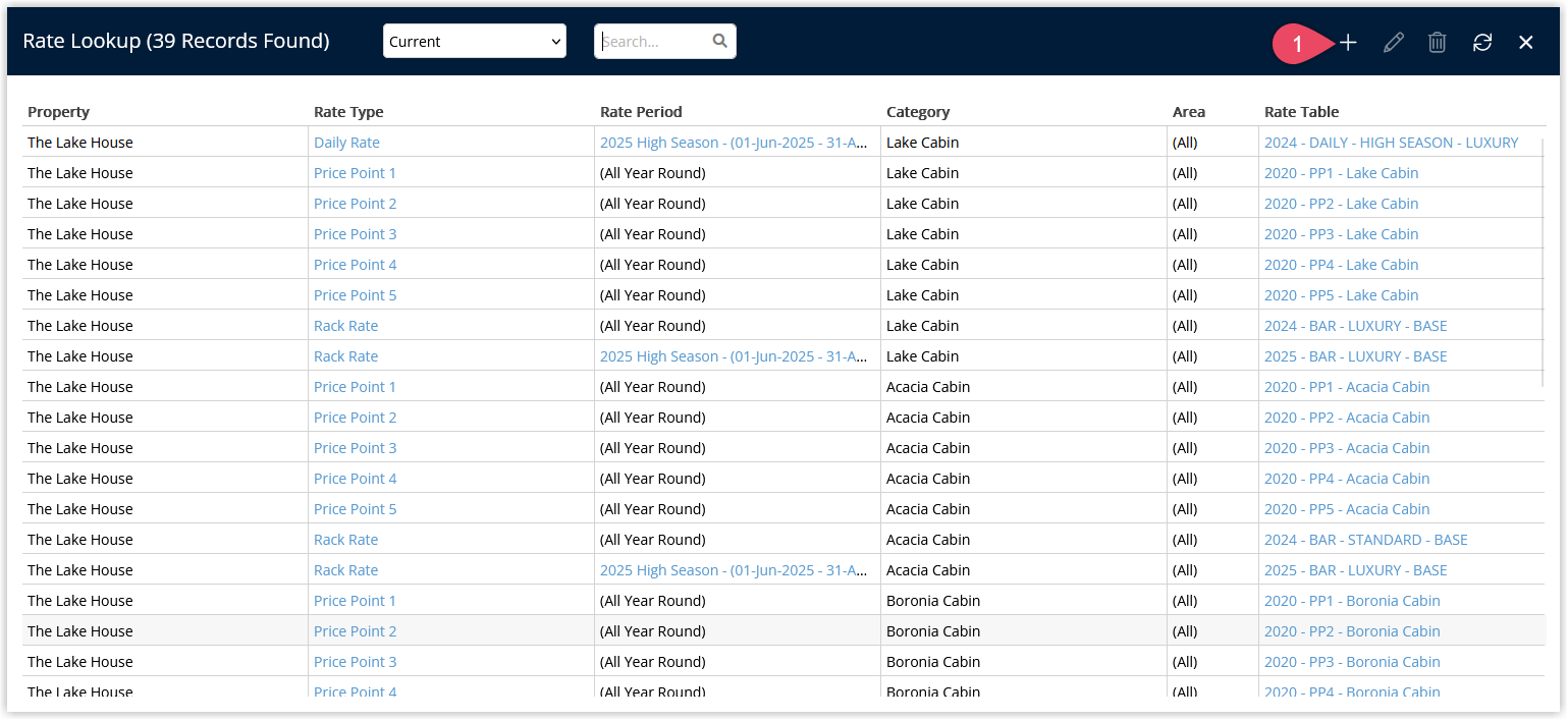 Annotated screenshot of the Rate Lookup list in RMS showing existing rate lookups with the Add button highlighted