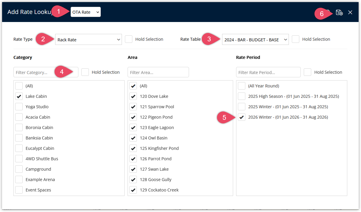 Annotated screenshot of the Add Rate Lookup screen in RMS showing the Rate Type, Rate Table, Category, Area, and Rate Period selectors