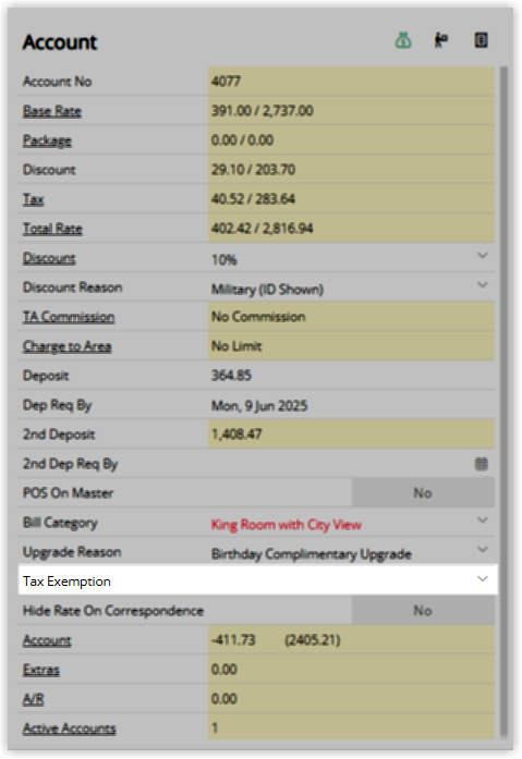 Screenshot of the Reservation Account panel in RMS showing the Tax Exemption field and the account balance summary including Account, Extras, A/R and Active Accounts