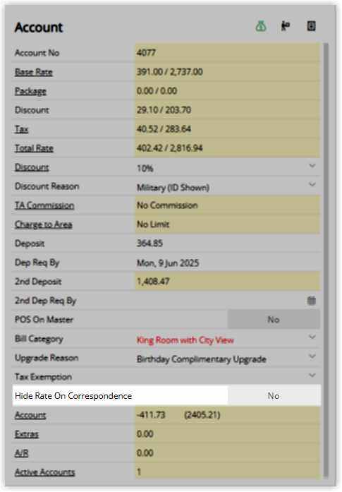 Screenshot of the Reservation Account panel in RMS showing the Hide Rate On Correspondence field set to No and the account balance summary