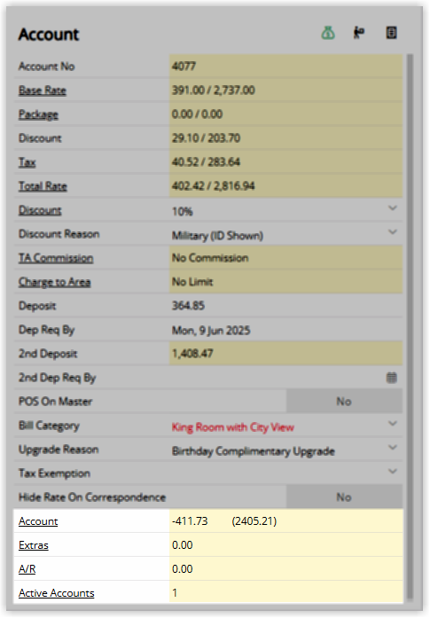 Screenshot of the Reservation Account panel in RMS showing the Account balance field at negative 411.73 with a credit balance of 2,405.21 in brackets