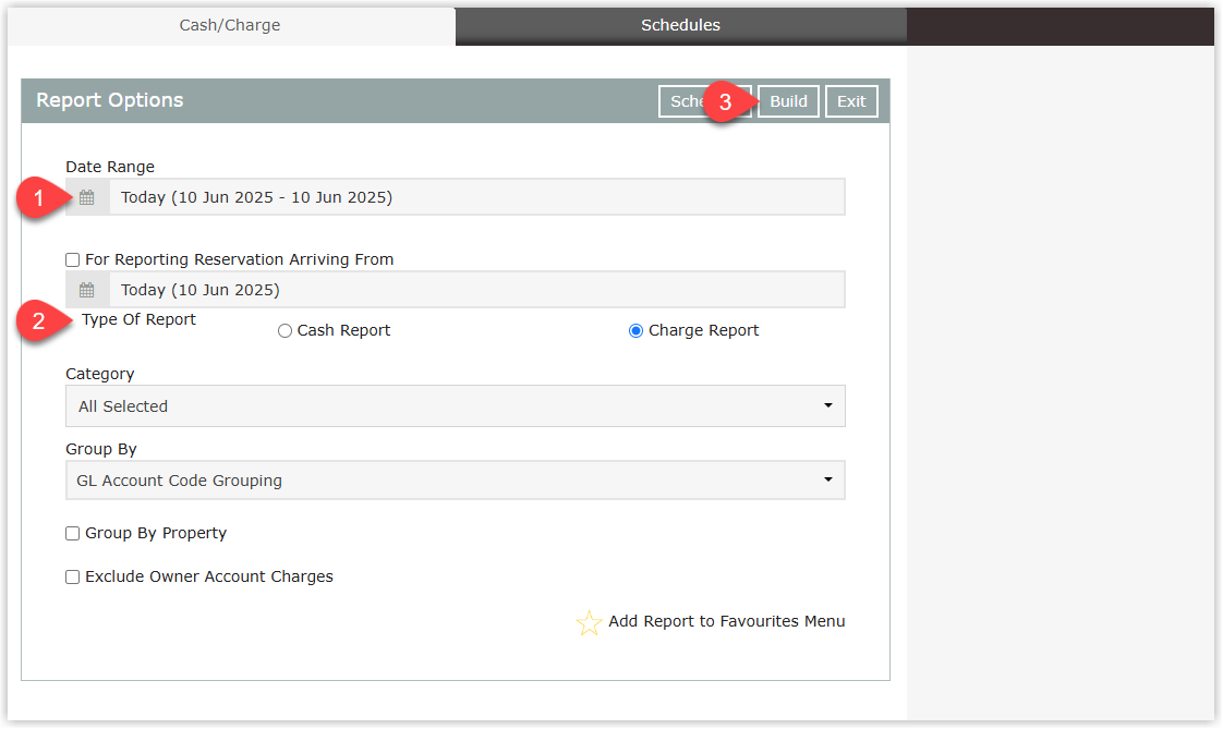 Cash/Charge report screen in RMS showing report options, including Date Range selection, optional ‘For Reservation Arriving From’ checkbox and date, Report Type choice between Cash and Charge, optional Category and Group By filters, and a Build button to generate the report.