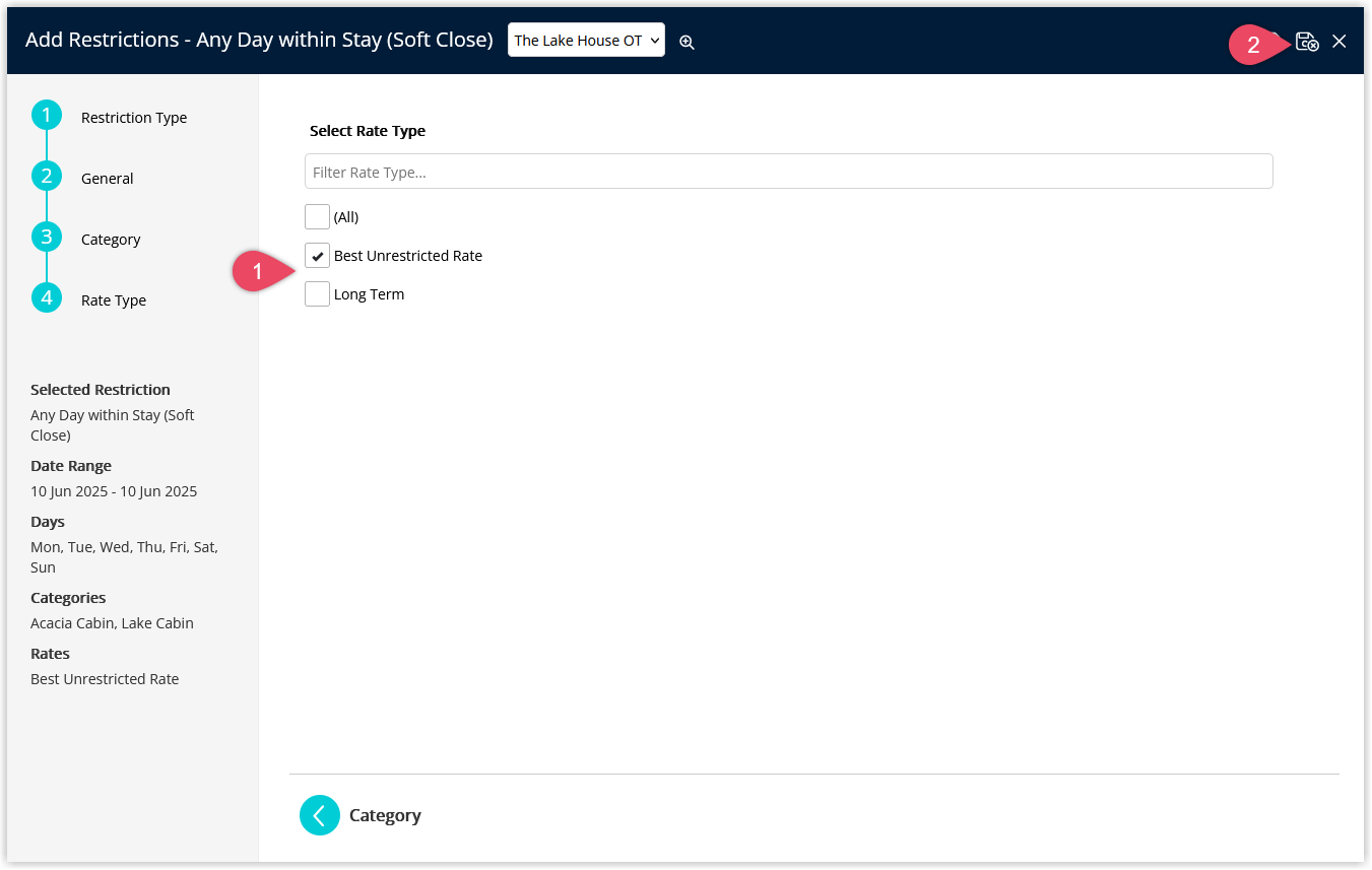 Screenshot of the Rate Type selection step in the Soft Close restriction wizard in RMS showing a list of Rate Types with checkboxes and the Save/Exit button highlighted to apply the restriction to the selected rates.