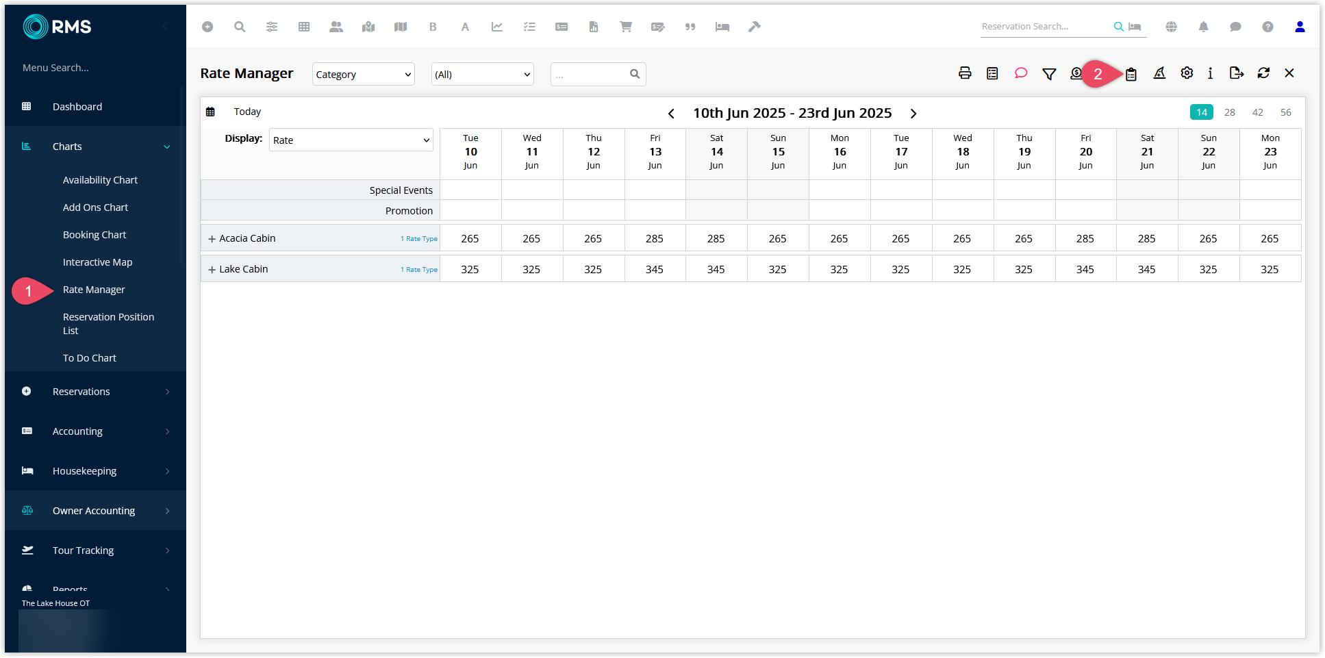 Screenshot of the Rate Manager screen in RMS with the Control Panel icon in the toolbar highlighted, used to open length of stay and other restriction settings.