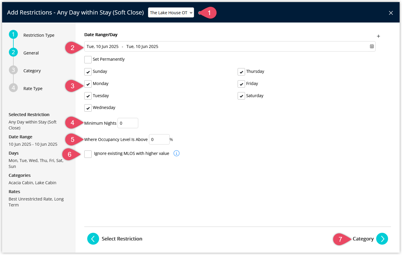 Screenshot of the Any Day within Stay (Soft Close) setup step in the RMS Control Panel showing fields for Property, Date Range with an option to Set Permanently, checkboxes for Days of the Week, a Minimum Length of Stay field, an optional Occupancy Level percentage, and a checkbox for Ignore existing MLOS with higher value, with the Next button highlighted.