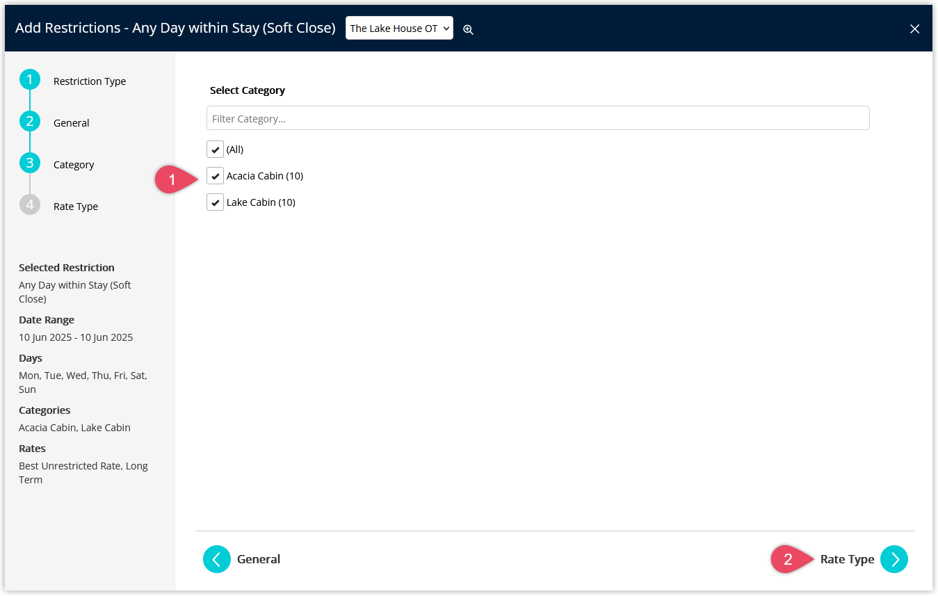 Screenshot of the Category selection step in the Soft Close restriction wizard in RMS showing a list of Categories with checkboxes to choose which categories the Any Day within Stay restriction will apply to, and a Next button.