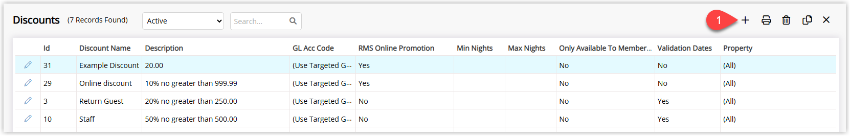 Discounts setup screen in RMS showing the Add button used to create a new BOGO discount.