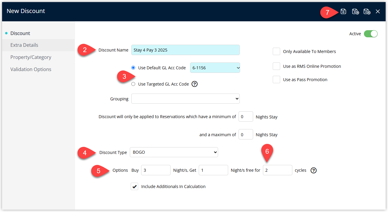 BOGO discount setup screen in RMS with the discount Description, General Ledger Account Code, Discount Type = BOGO, Paid Nights (Buy), Free Nights (Get), and Number of Cycles completed, and the Save button to create the discount.