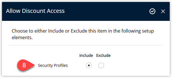 Discount Access window in RMS showing selectable access options for the BOGO discount and the Apply button to confirm who can use the discount.