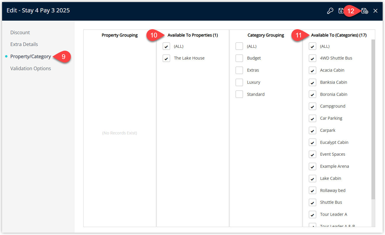Property/Category tab for the BOGO discount in RMS showing the selected Property and Categories (with optional Validation Options), and the Save/Exit button to save where the discount can be used.