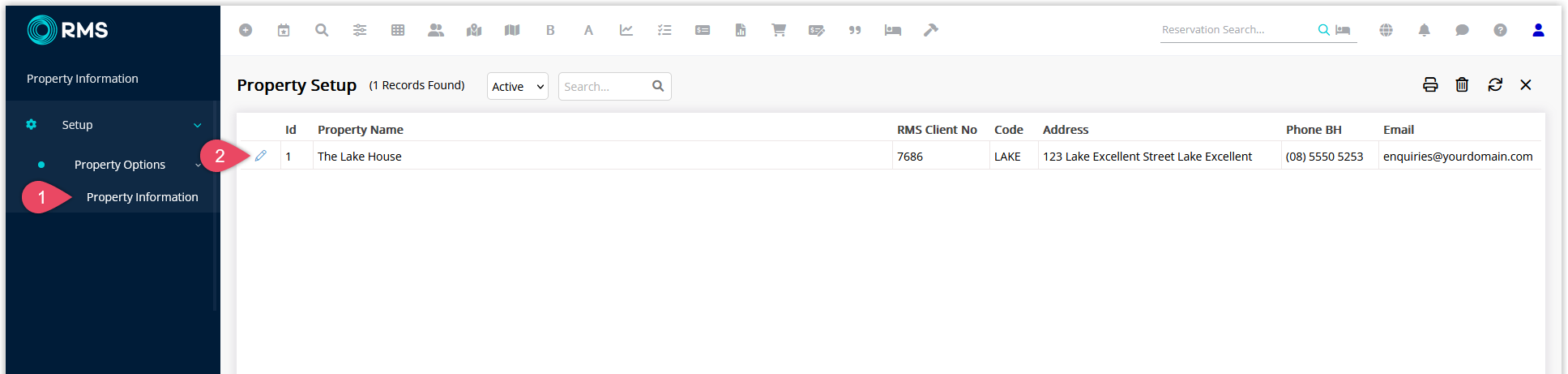 Screenshot of the Property Information list in RMS showing existing properties with one property selected and the Edit option used to open its configuration.