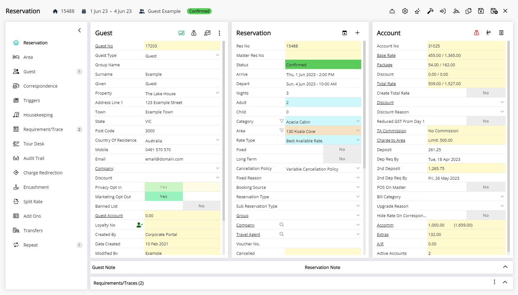 Screenshot of a reservation in RMS opened after using the Toolbar Menu Reservation Search, displaying key guest and booking details on the reservation screen.