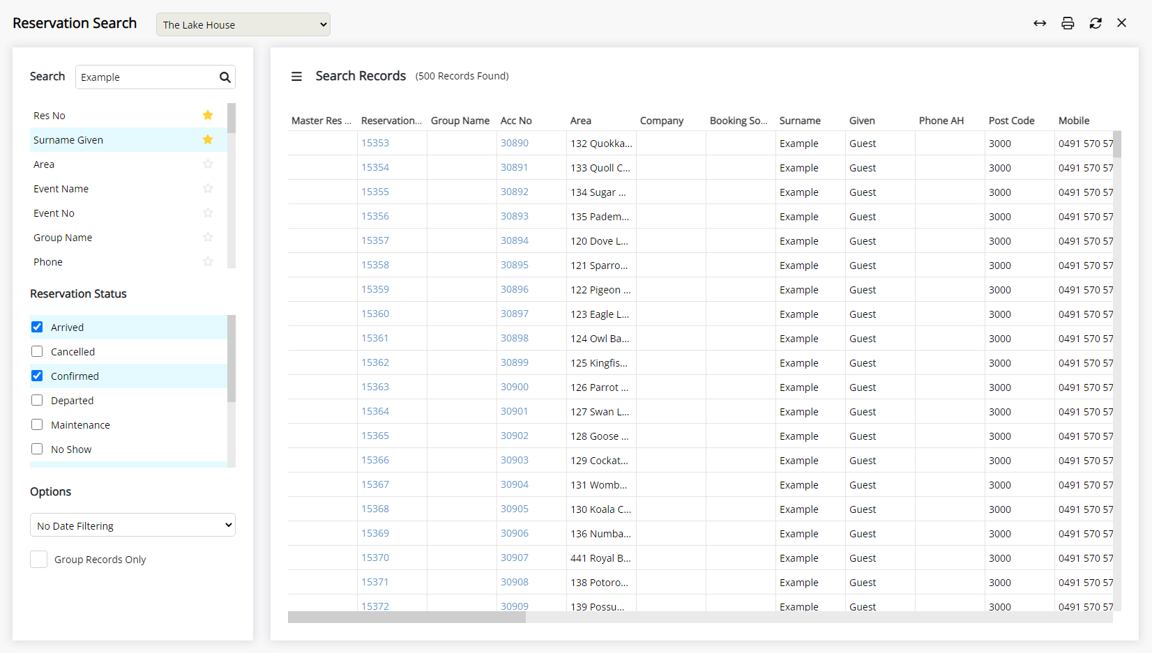 Screenshot of the Reservation Search screen in RMS listing multiple reservations that match the Toolbar Menu search criteria, with columns such as Reservation Number, Guest Name, Dates and Category, allowing the user to choose the correct reservation.