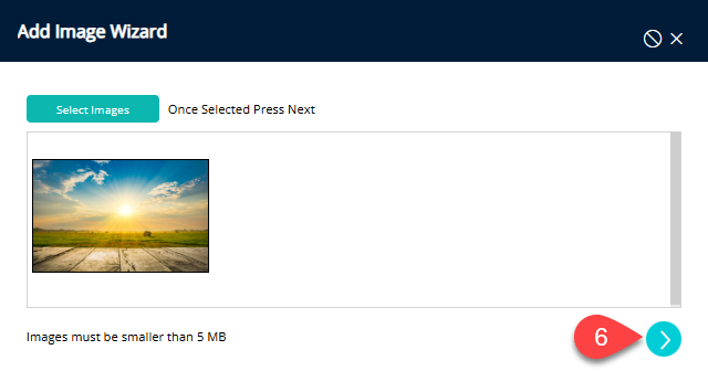 RMS image upload workflow showing uploaded thumbnails and a Next icon/button clicked to proceed to configuring image details and assignments.