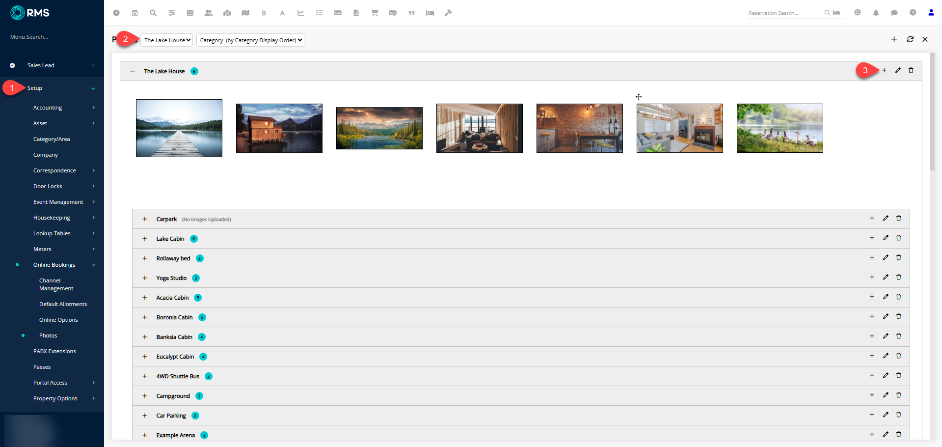 RMS Photos setup screen for the selected property showing an empty or existing image list with an Add icon/button clicked to start uploading new photos.