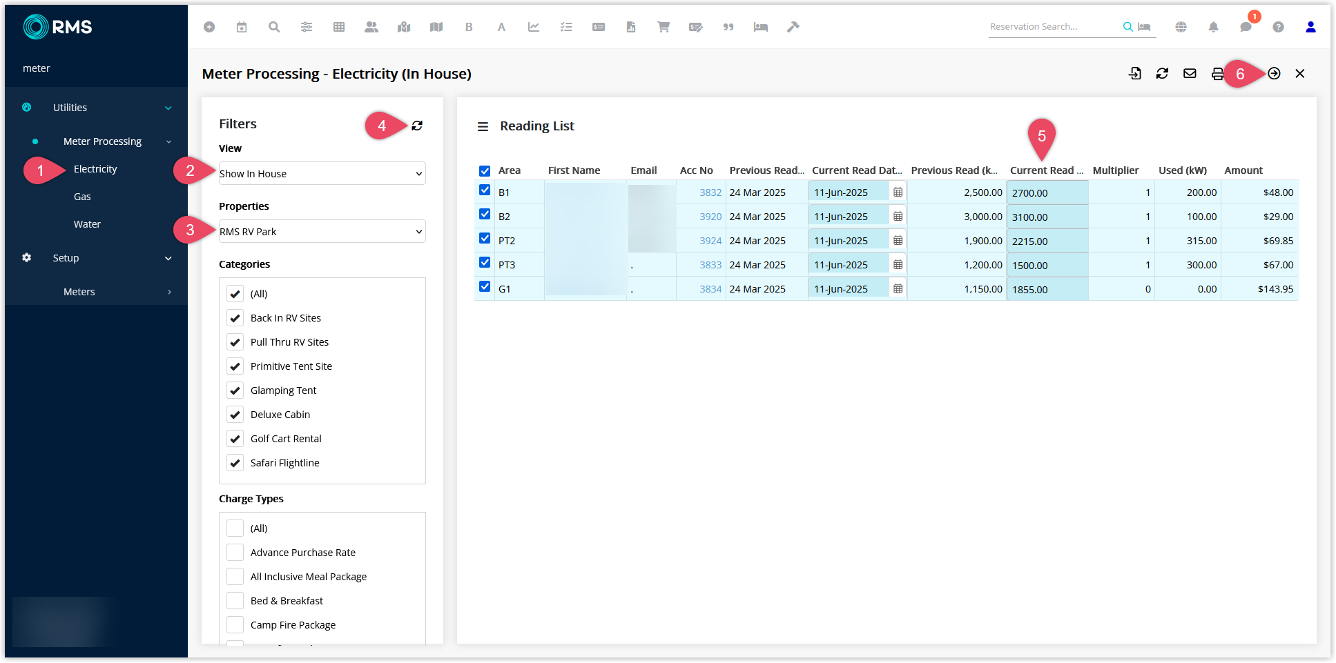 Screenshot of the Electricity Meter Processing screen in RMS showing a selected property, a grid of meters with the Current Read column populated from Orto‑Mate, and the Process button highlighted to apply the charges.