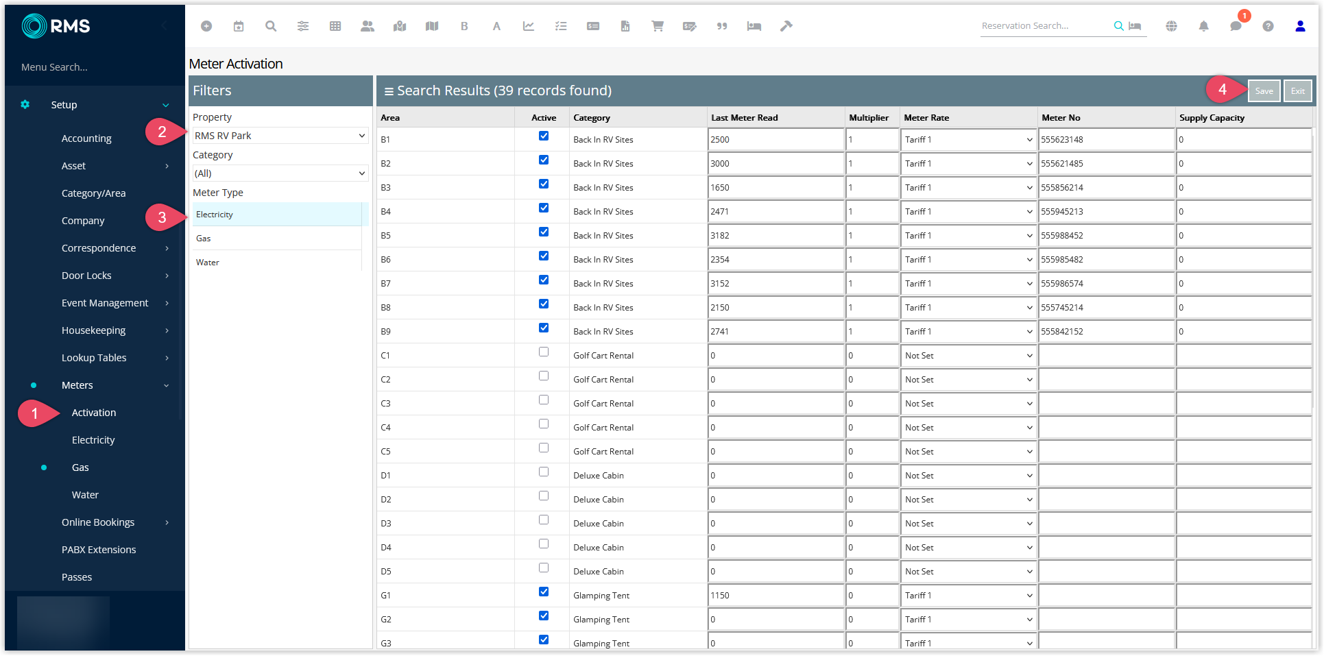 Screenshot of the Meter Activation screen in RMS showing a Property dropdown, Meter Type set to Electricity and a Save button to store the current meter reading received from Orto‑Mate.
