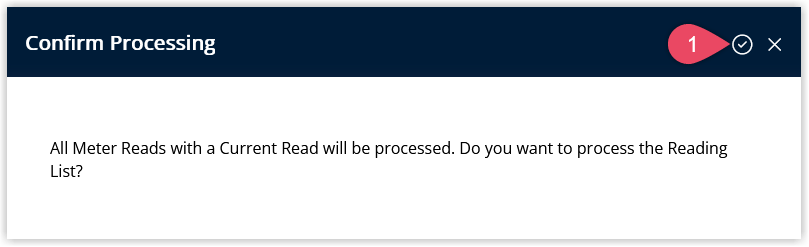 Screenshot of a confirmation dialog in RMS asking to confirm processing of meter reads for the selected accounts with Yes and No options.