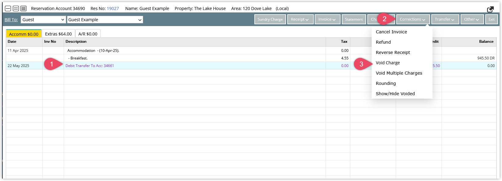 Reservation Account in RMS with the transfer transaction selected and the Corrections menu open, highlighting the Void Charge option used to reverse the debit Balance Transfer.