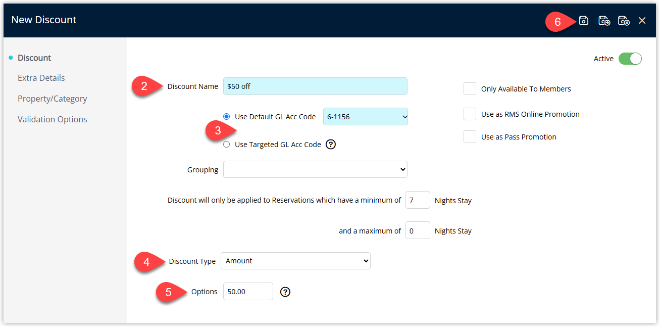 Annotated screenshot of the New Discount screen in RMS highlighting the Discount Name, GL Acc Code options, Discount Type set to Amount, the amount field and the save icon