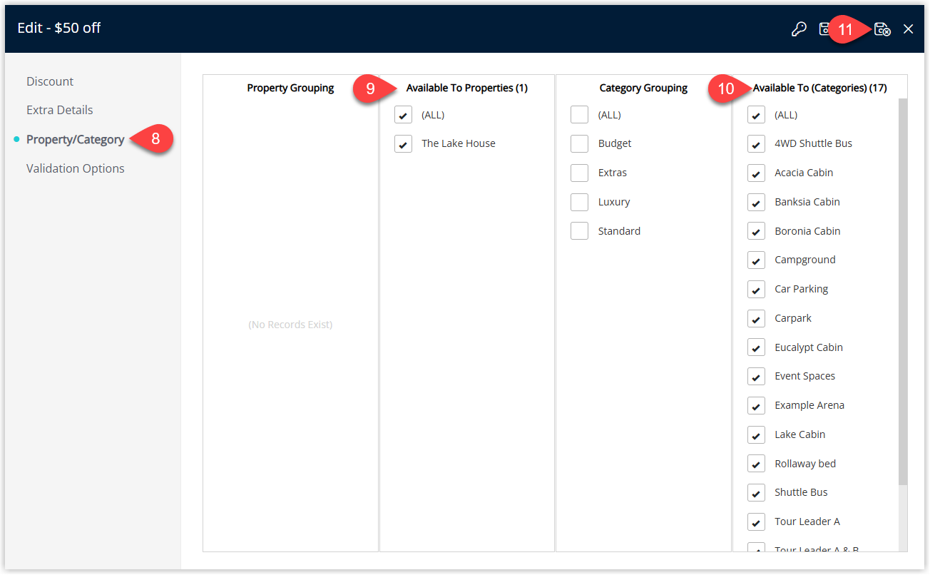 Annotated screenshot of the Edit Discount Property/Category tab in RMS highlighting the available properties and categories and the save icon
