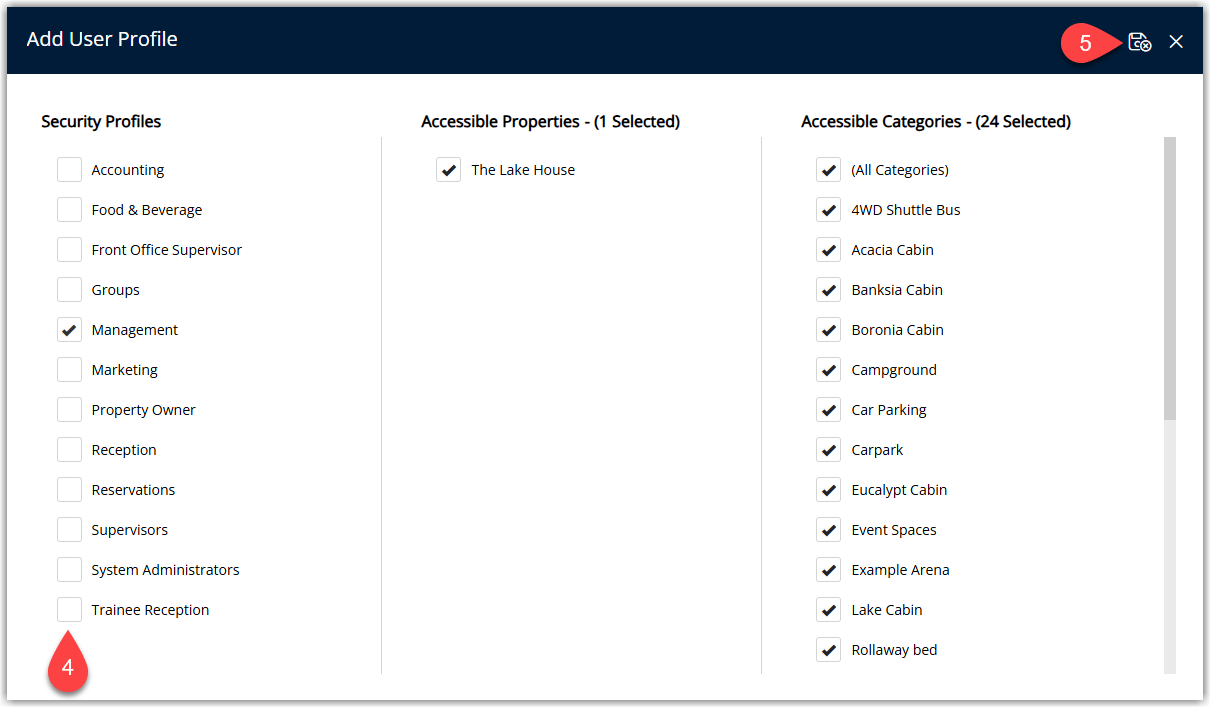 Screenshot of the Add Profile window for a user in RMS showing fields to select a Security Profile, choose the Property and adjust applicable Categories, with Save/Exit to confirm the new access level.