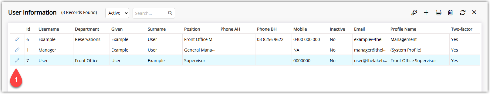 Screenshot of the User Information screen in RMS showing a list of users with one user selected and the Edit option used to open the user profile.