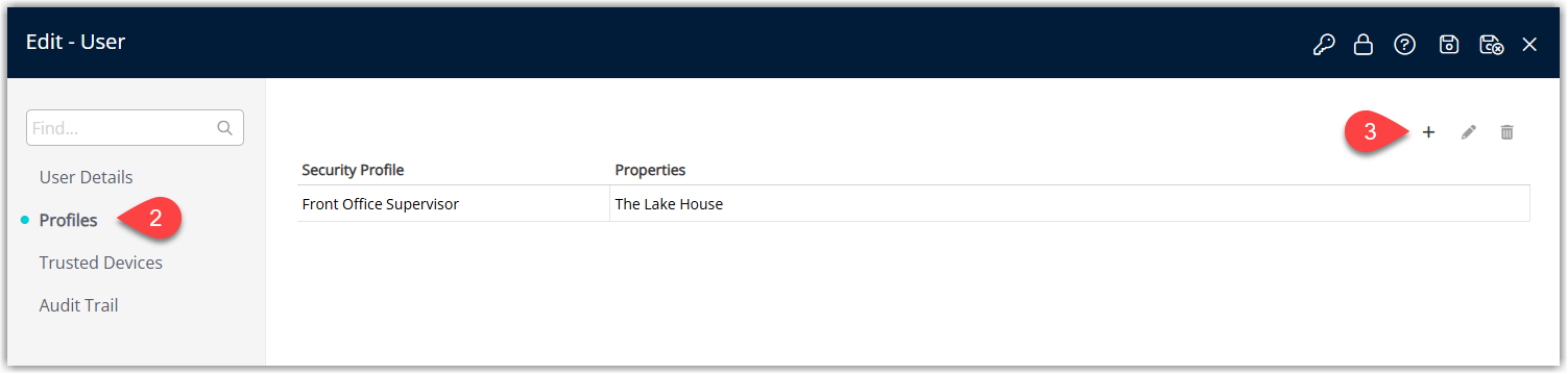 Screenshot of the user profile in RMS with the Profiles tab selected, displaying existing security profiles for the user and the Add button highlighted to assign another Security Profile.