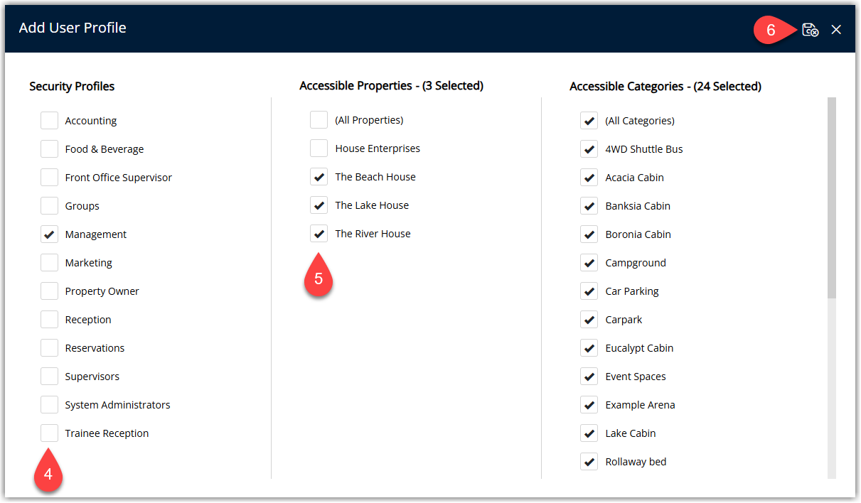 Screenshot of the Add Profile window in RMS showing fields to select a Security Profile, choose one or more Properties and optional Categories/Room Types, with the Save/Exit button highlighted to add this access combination to the user.