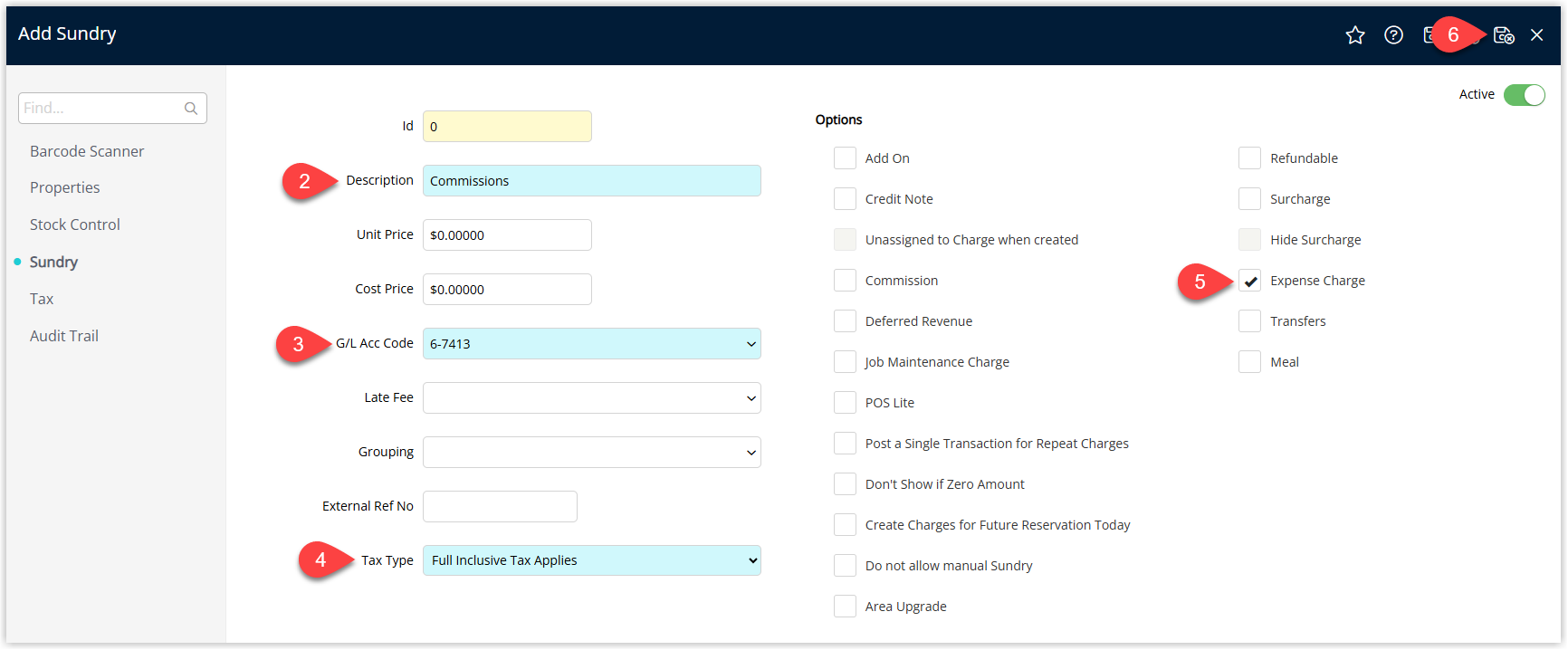 Annotated screenshot of the Add Sundry screen in RMS showing a Commissions charge with the Expense Charge option highlighted