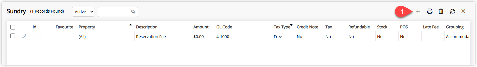 Annotated screenshot of the Sundry list in RMS with the Add button highlighted
