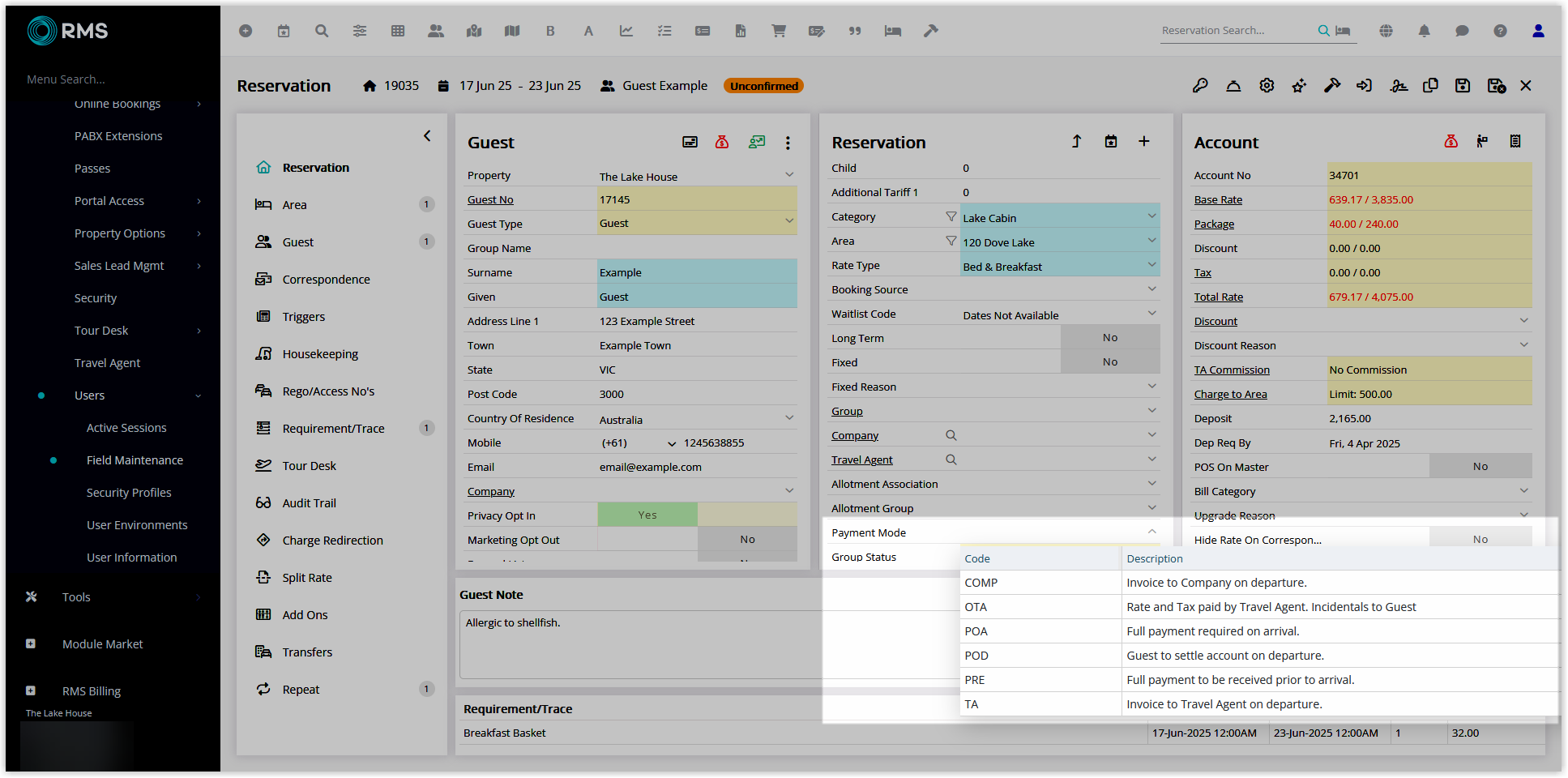 Screenshot of the Payment Mode configuration screen in RMS showing fields for description, payment type, linked receipt type and other options that control how the payment mode is used.
