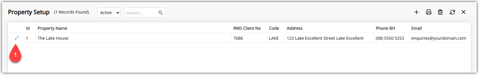 Annotated screenshot of the Property Setup list in RMS with the edit icon highlighted on the property row