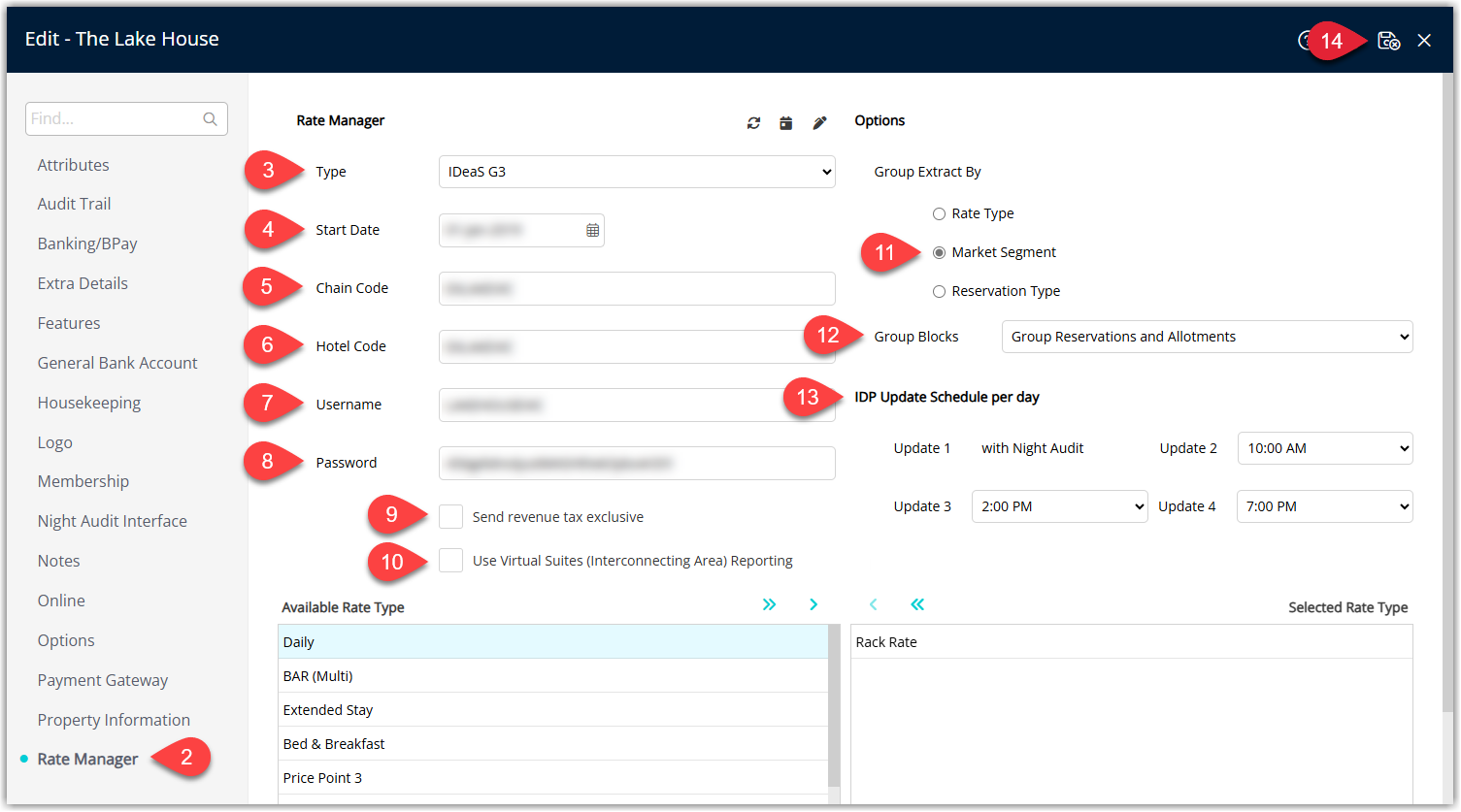 Annotated screenshot of the Rate Manager tab in RMS showing the IDeaS G3 integration type with the username, password, and IDP update schedule settings
