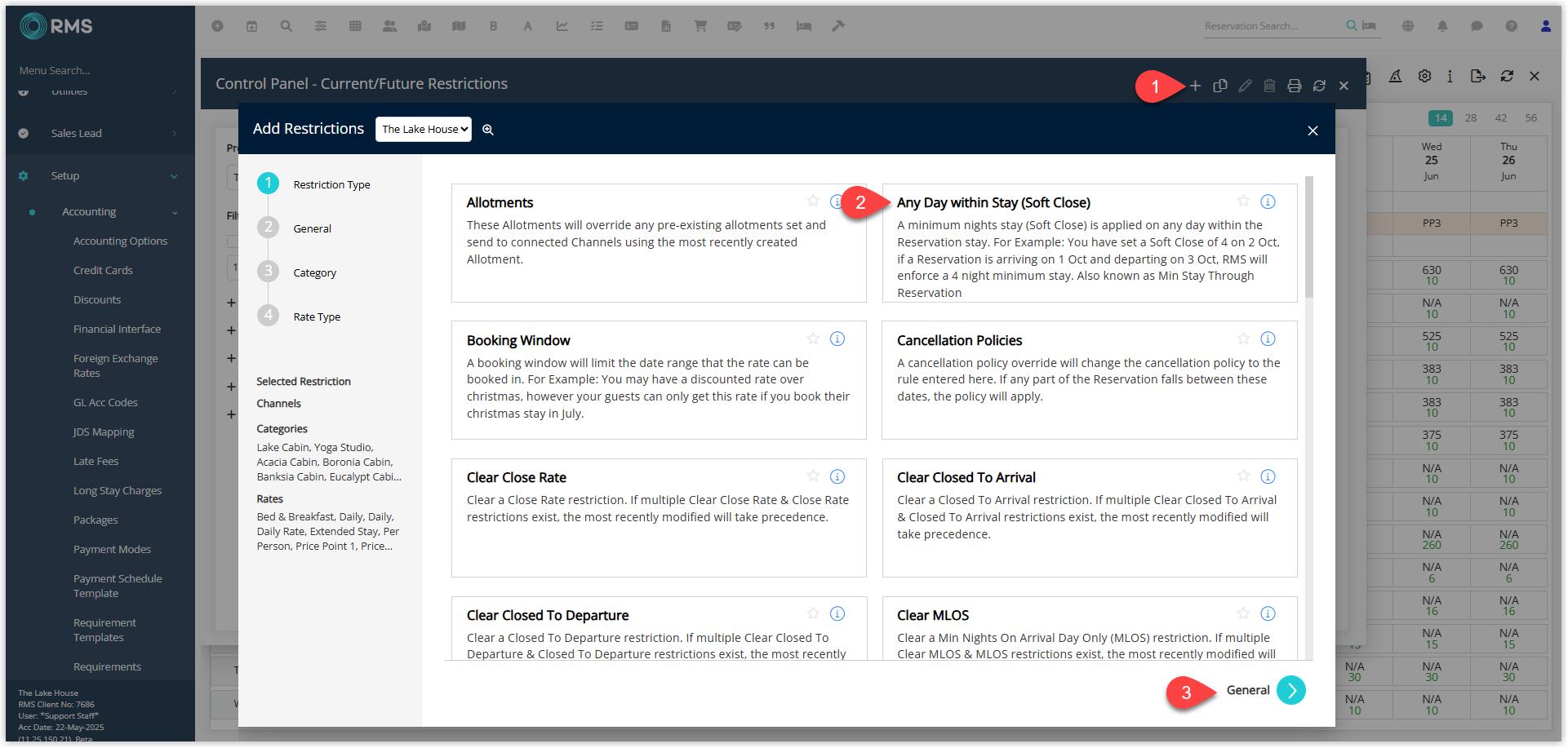 Screenshot of the Control Panel in RMS showing the Add Restriction screen with a list of restriction types, and Any Day within Stay (Soft Close) selected before clicking Next.