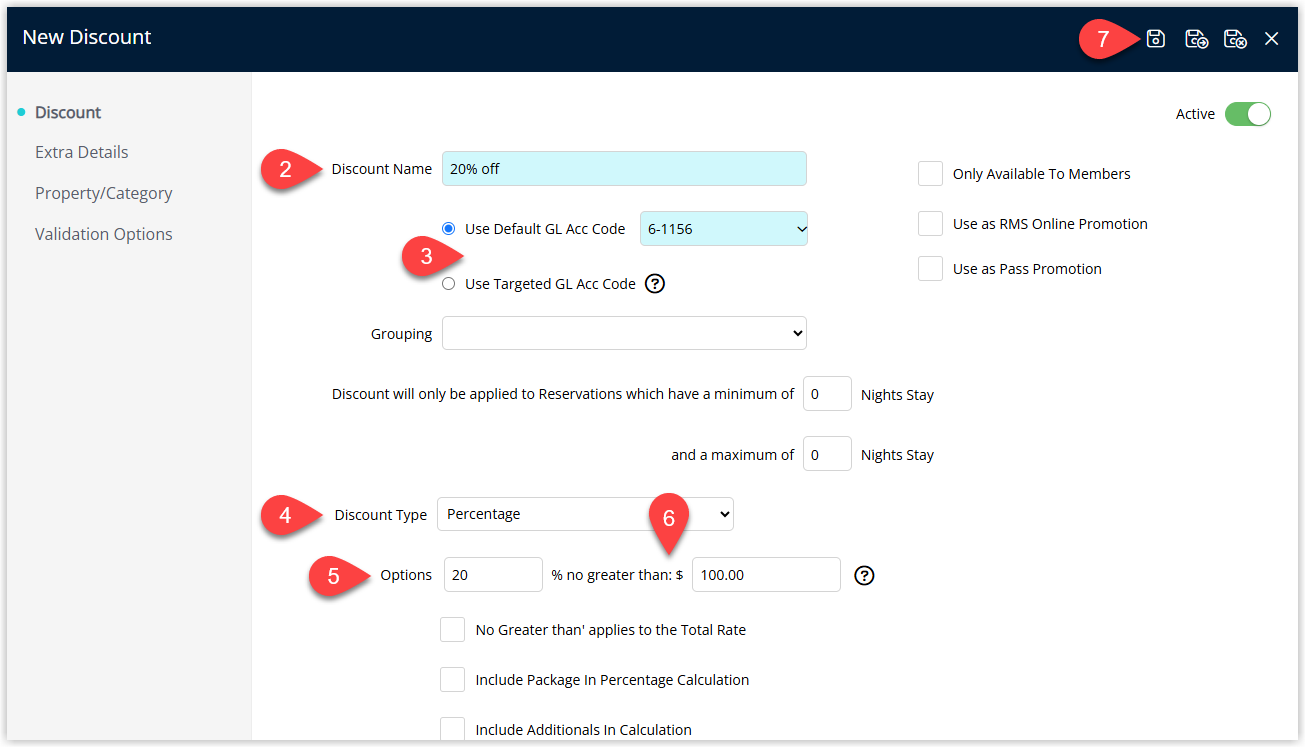 Screenshot of the Discount setup window in RMS showing fields for Description, GL Acc Code, optional Grouping and Length of Stay, with Discount Type set to Percentage and fields for Percentage Amount and No Greater Than Amount populated, and the Save button highlighted.