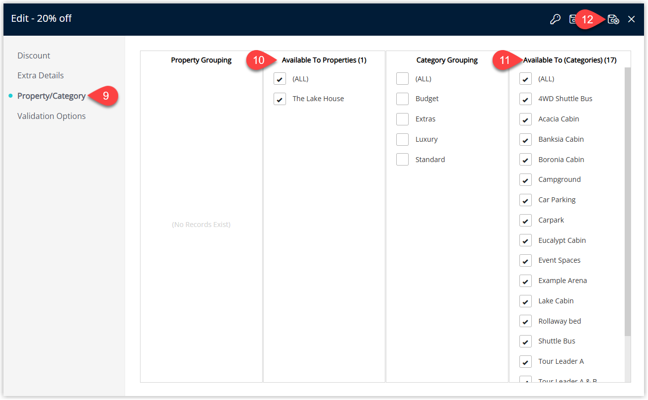 Screenshot of the Property/Category tab in the Discount setup in RMS showing a selected Property and one or more Categories ticked to define where the discount is available, with the Save/Exit button highlighted to complete the configuration.