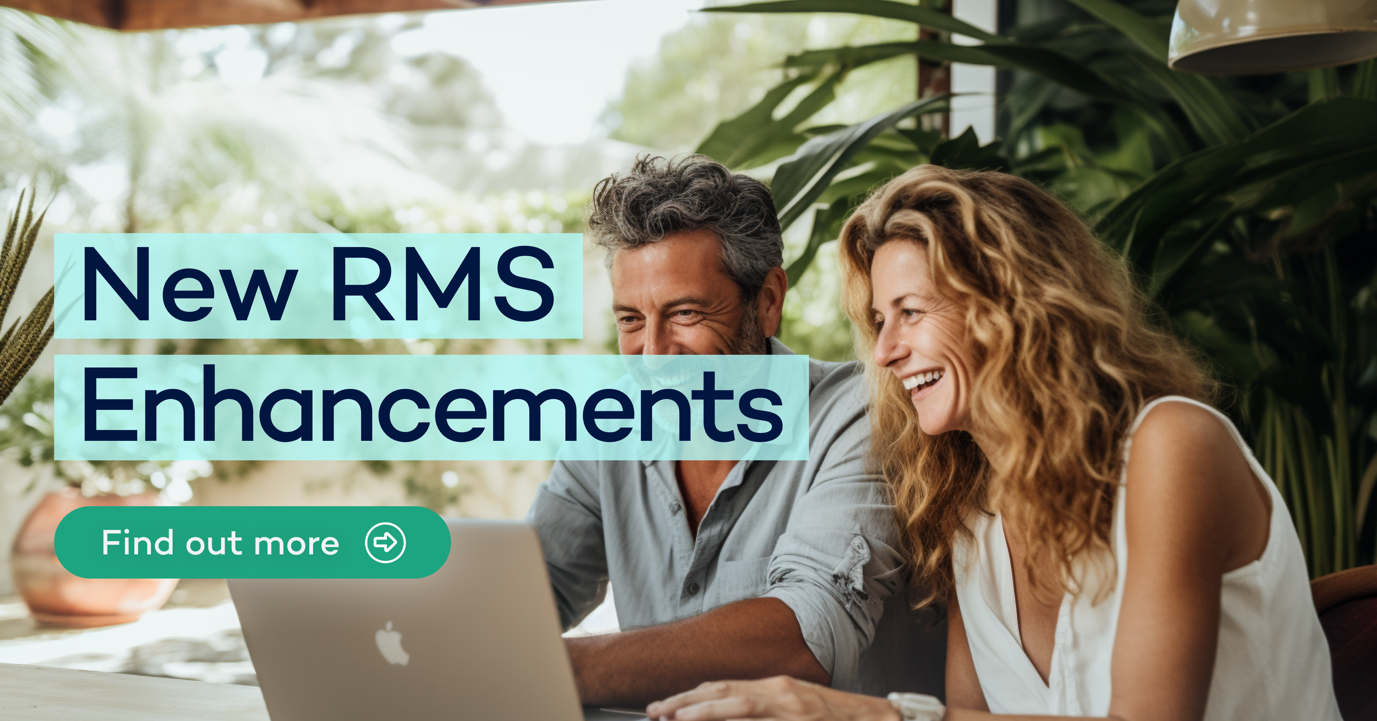 RMS 2025 product release banner highlighting Version 11.25.80.50, with bold headline messaging about 100+ enhancements already live and a further 90+ improvements coming in June 2025, visually emphasizing new property management and RMS Pay features and key rollout dates for APAC, North America, and EMEA.