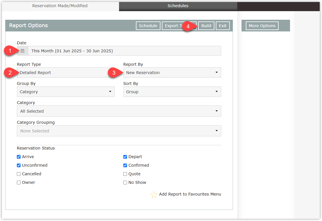 Screenshot of the Reservation Made/Modified report criteria screen in RMS showing fields for Date Range, Report Type, Report By, optional Grouping, Category and Reservation Status checkboxes, with a More Options button and the Build button highlighted to generate the report