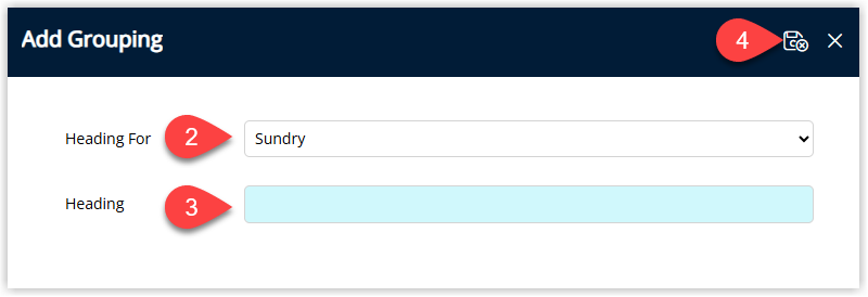 Screenshot of the Add Grouping window in RMS with Grouping Type set to Direct Debit and a Grouping Description entered, ready to be saved.