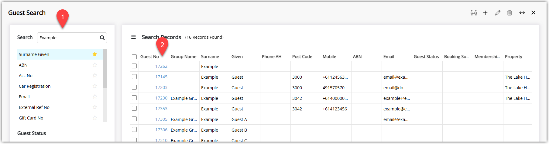 Screenshot of the Guest/Resident Search screen in RMS showing search results with a Guest/Resident number selected to open the guest or resident record for editing.