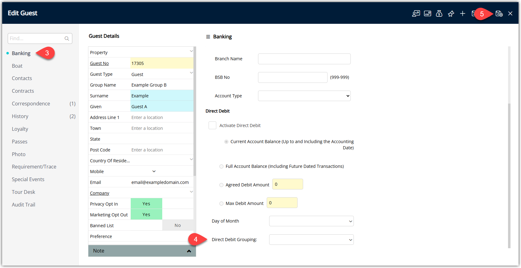 Screenshot of the guest or resident Banking tab in RMS showing the Direct Debit Grouping field selected and a grouping chosen before saving.