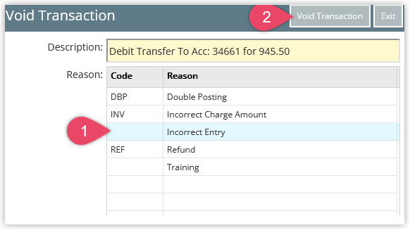 Void Transaction confirmation window in RMS showing the selected reason and the Void Transaction button used to reverse the transfer.