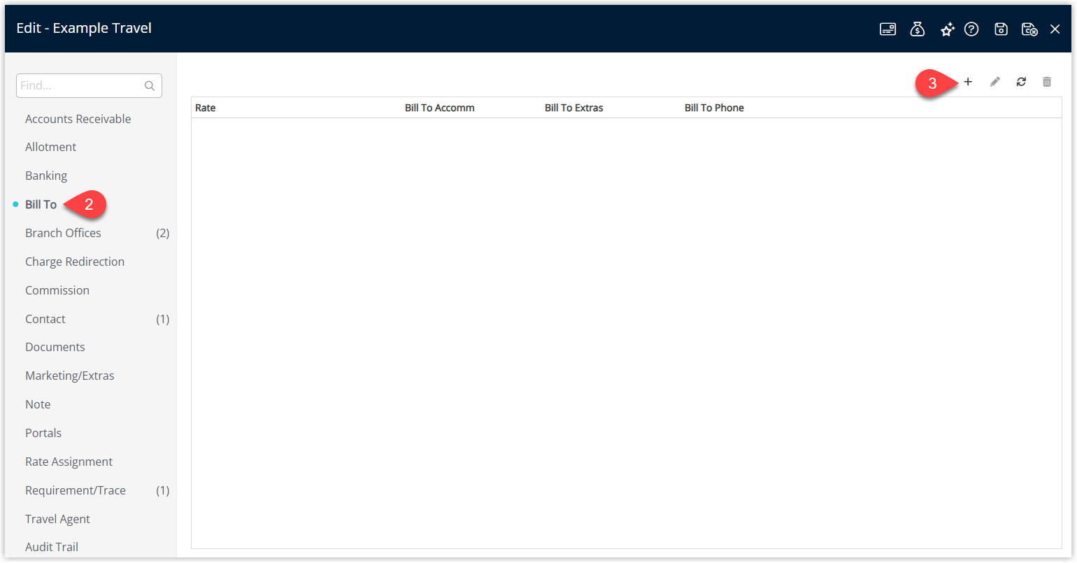 Screenshot of the Travel Agent setup screen in RMS showing billing options configured for the agent, including Bill To settings and account details