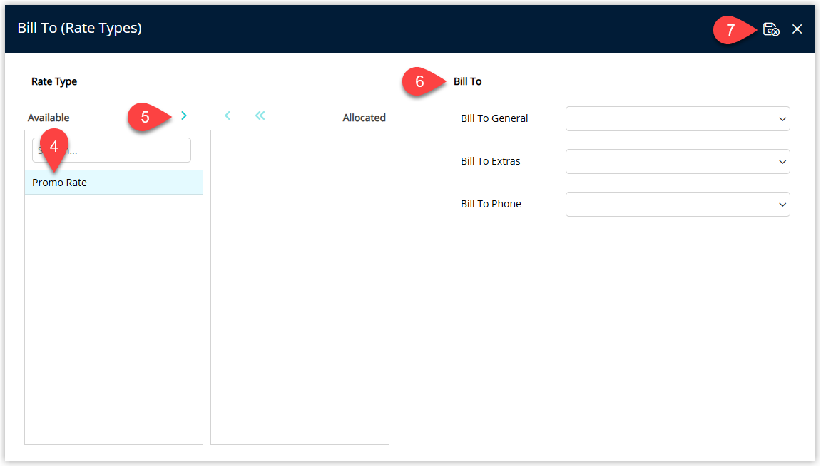 Screenshot of the reservation account in RMS showing accommodation charges posted to the Travel Agent account as the Bill To, rather than directly to the guest.