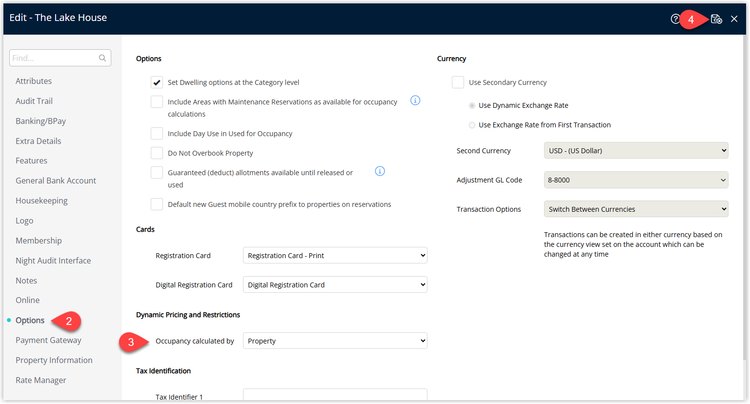 Annotated screenshot of the Edit Property screen in RMS on the Options tab with the Occupancy Calculated By dropdown and the Save icon highlighted