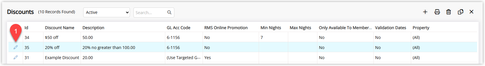 Screenshot of the Discounts list in RMS showing existing discount codes with one discount highlighted and the Edit button selected to modify its validation options.