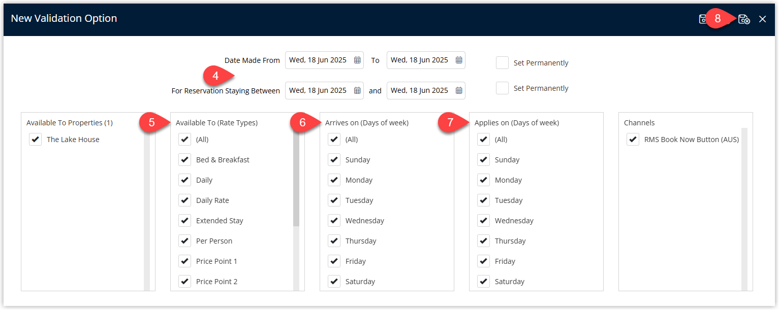 Screenshot of the Discount Validation Options in RMS showing fields for Date Ranges and lists of Rate Types, Arrival Days and Days of the Week with checkboxes, where specific options are unticked to exclude them from the discount, and the Save/Exit button highlighted to apply the validation settings.