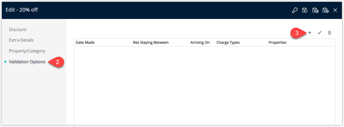 Screenshot of the Discount setup screen in RMS with the Validation Options tab selected and the Add button highlighted to create a new validation rule for the discount.